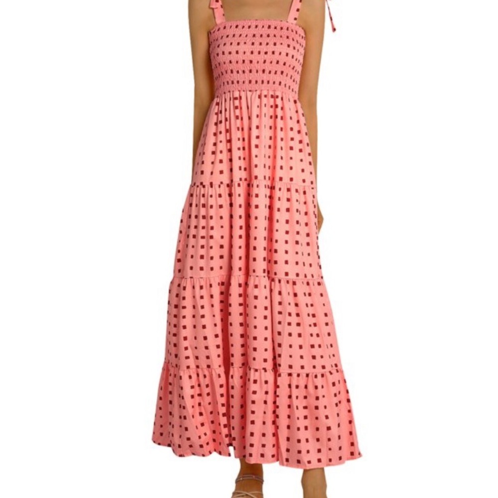 Gorgeous smocked top, tie shoulder maxi dress.